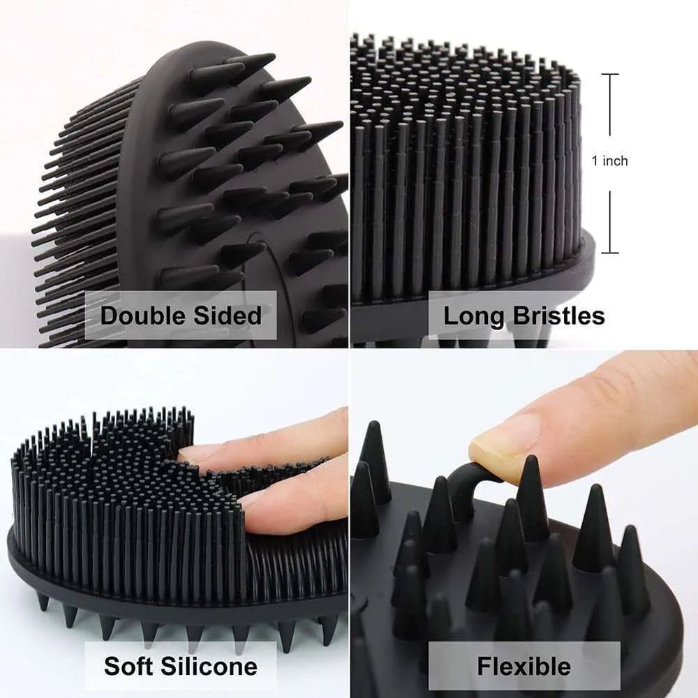 Black silicone bath brush with features labeled on a white background