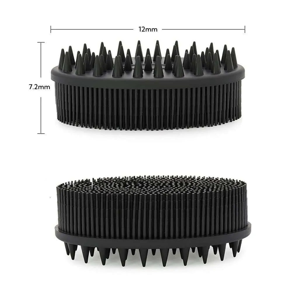 Two black circular grooming silicone brushes with spikes, showing measurements on a white background.