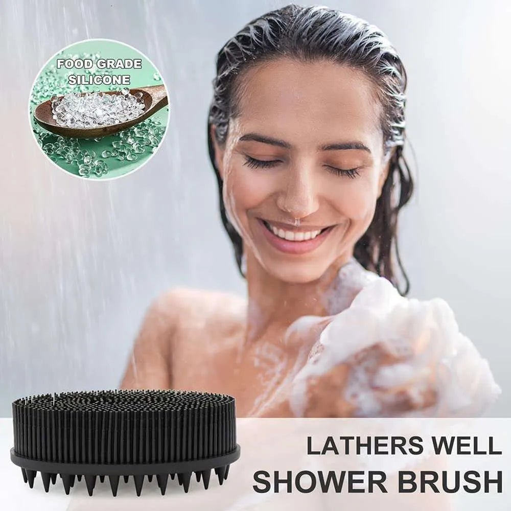 Woman showering with a black shower silicone  brush, highlighting food-grade silicone and lathering well text.