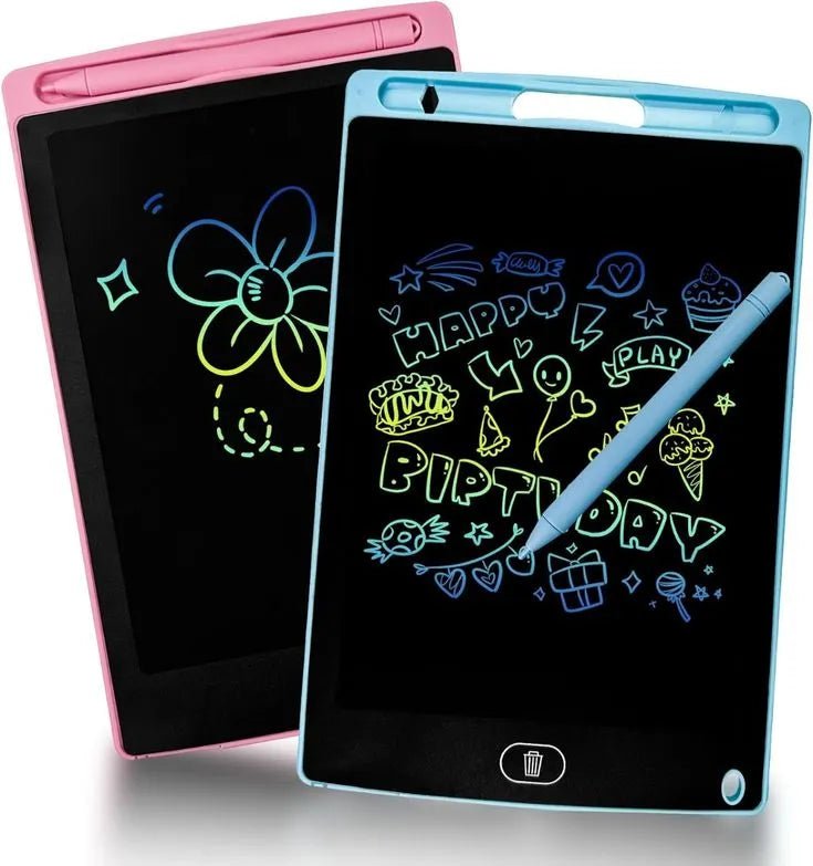 Pink and blue LCD drawing tablets with a space-themed drawing on their screens.