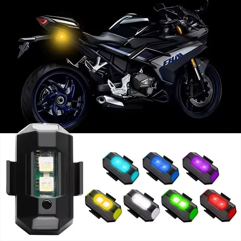 Motorcycle with a light bar and colorful LED lights on a black background