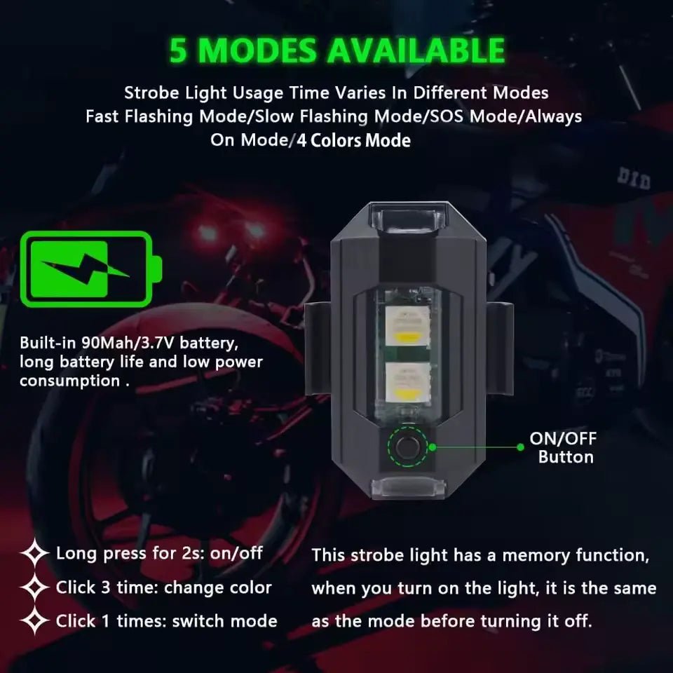 Strobe light with mode descriptions and battery information on a dark background