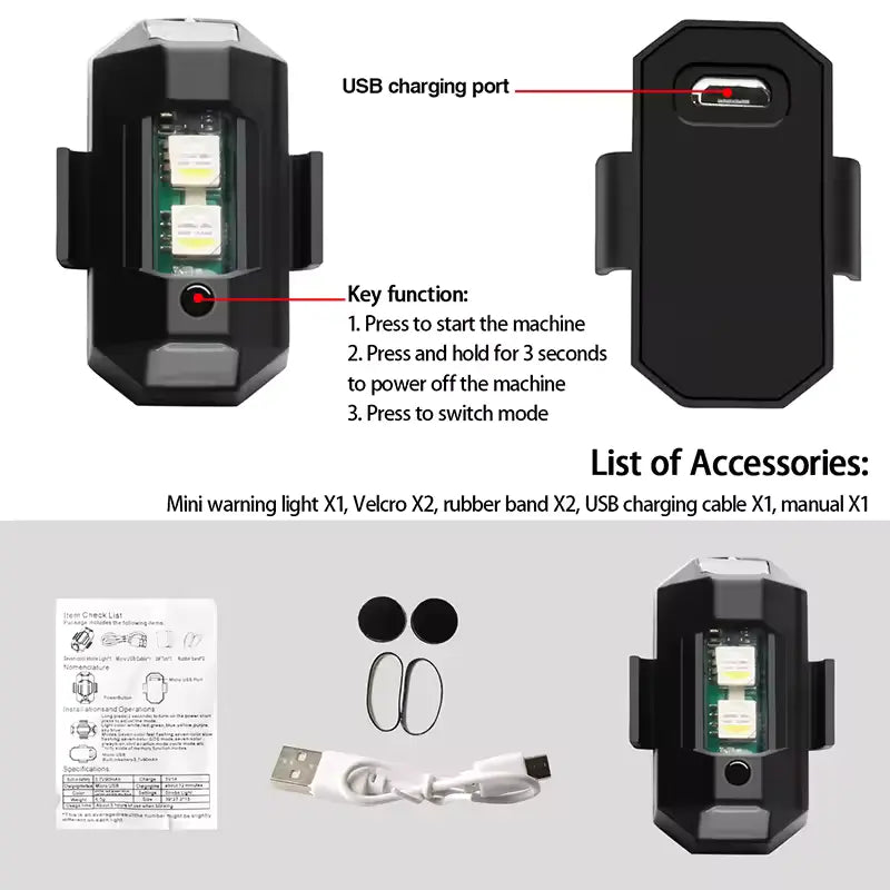 Black electronic device with USB charging port and key functions, accompanied by accessories on a gray background.