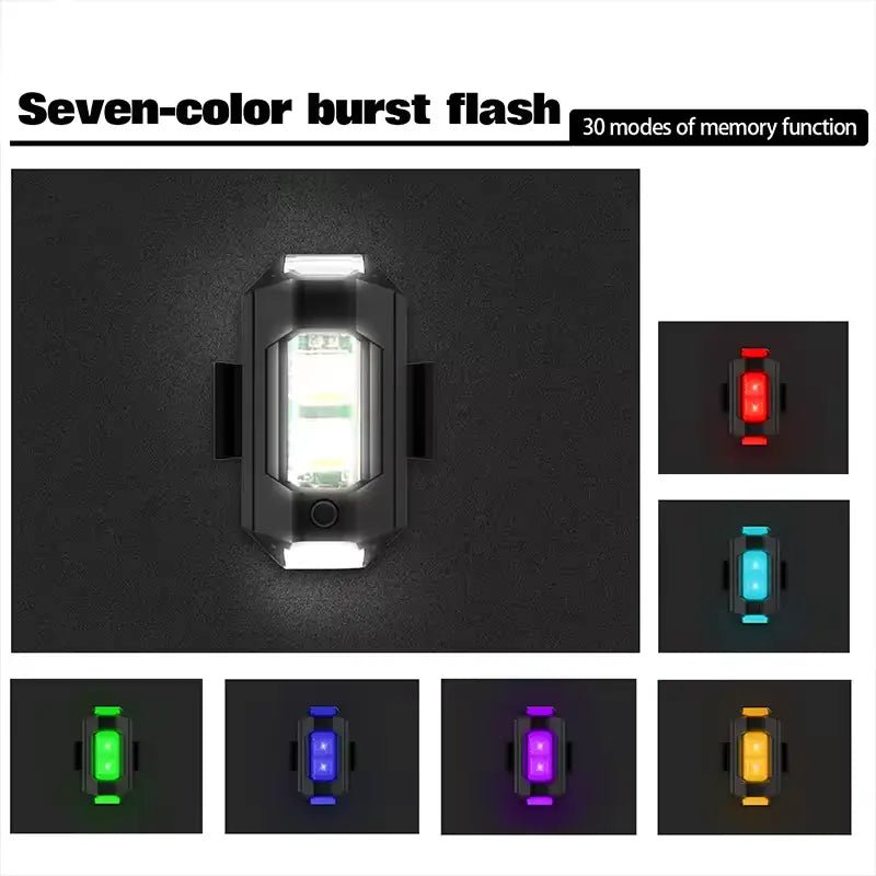 LED light with seven-color burst flash and 30 modes of memory function on a dark background.