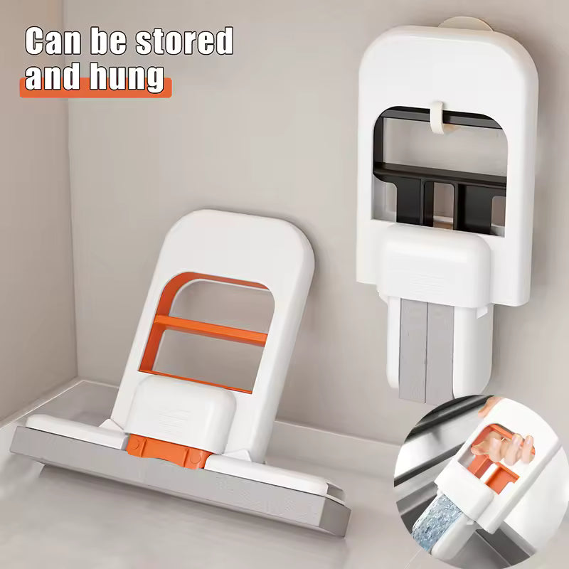 White and orange mini mop tool with storage and hanging feature on a gray background
