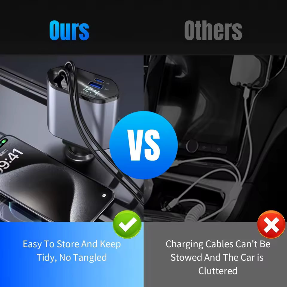 Comparison of a car charging setup with 'Ours' on the left and 'Others' on the right, highlighting ease of storage and tidiness.