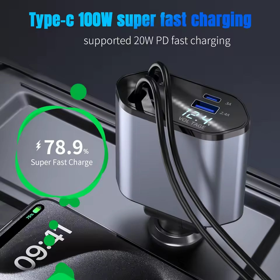 4 in 1 Fast charging adapter with digital display on a dark surface