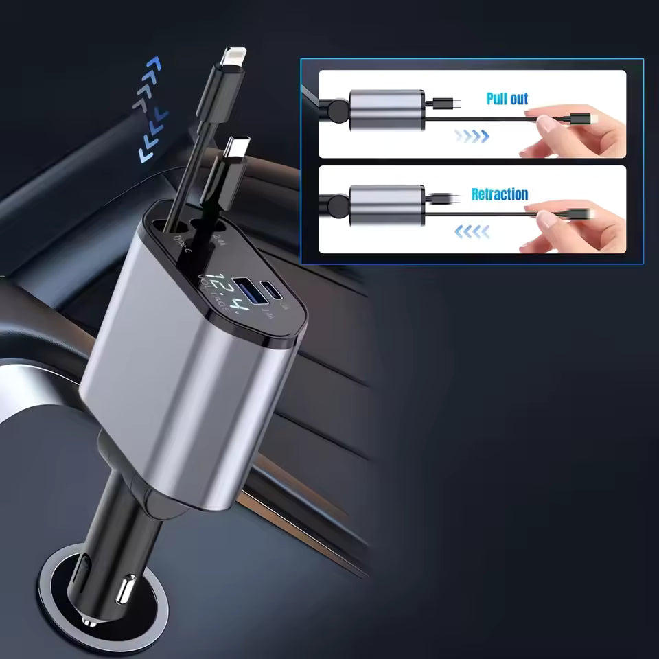 4 in 1 fast Car charger with multiple ports and cable management system on a dark background