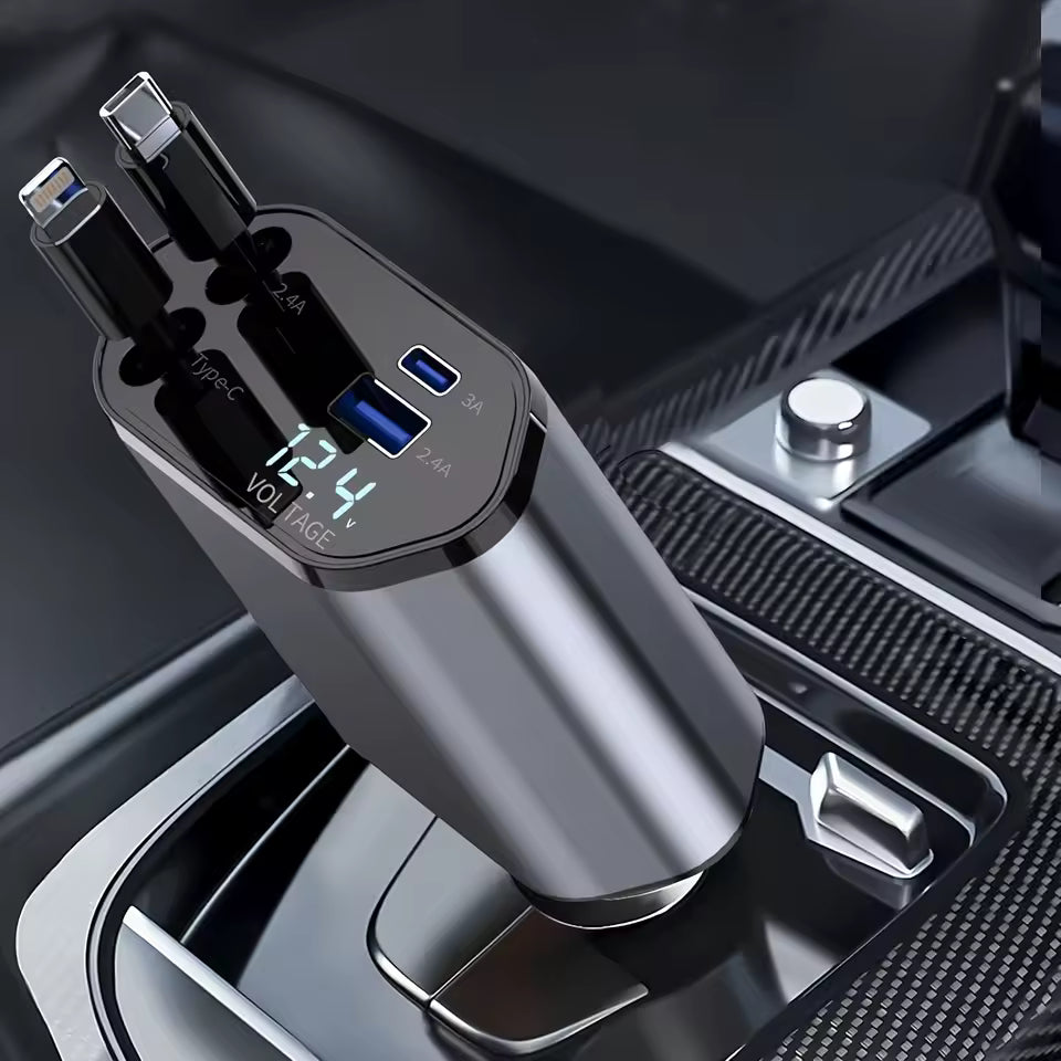 4 in 1 Car charger with digital display in a car's USB port.