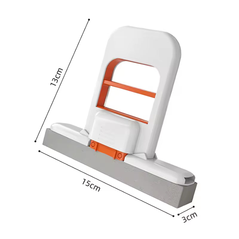 White and orange mini mop with dimensions on a white background