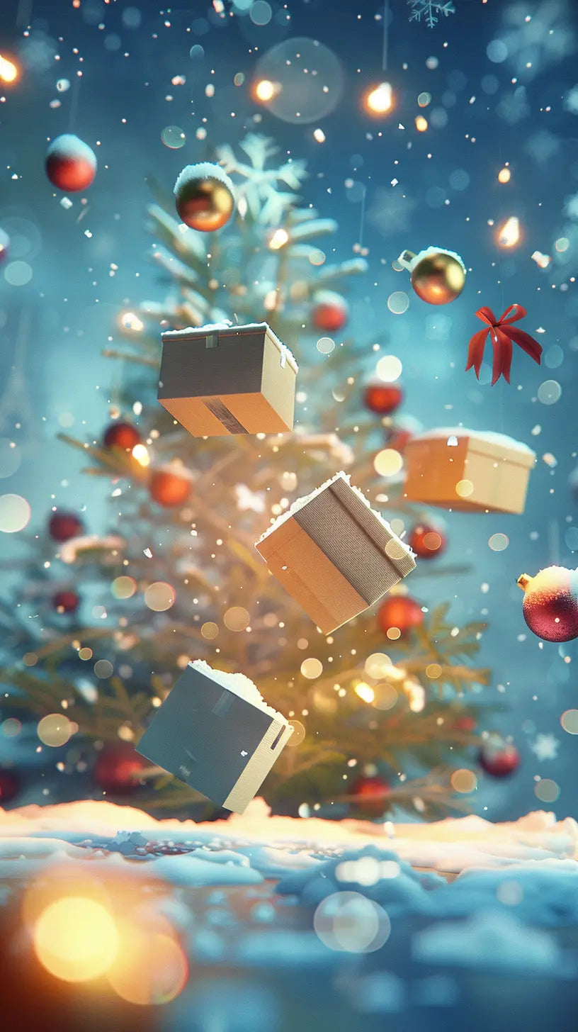 Christmas scene with presents under a decorated tree on a snowy night.