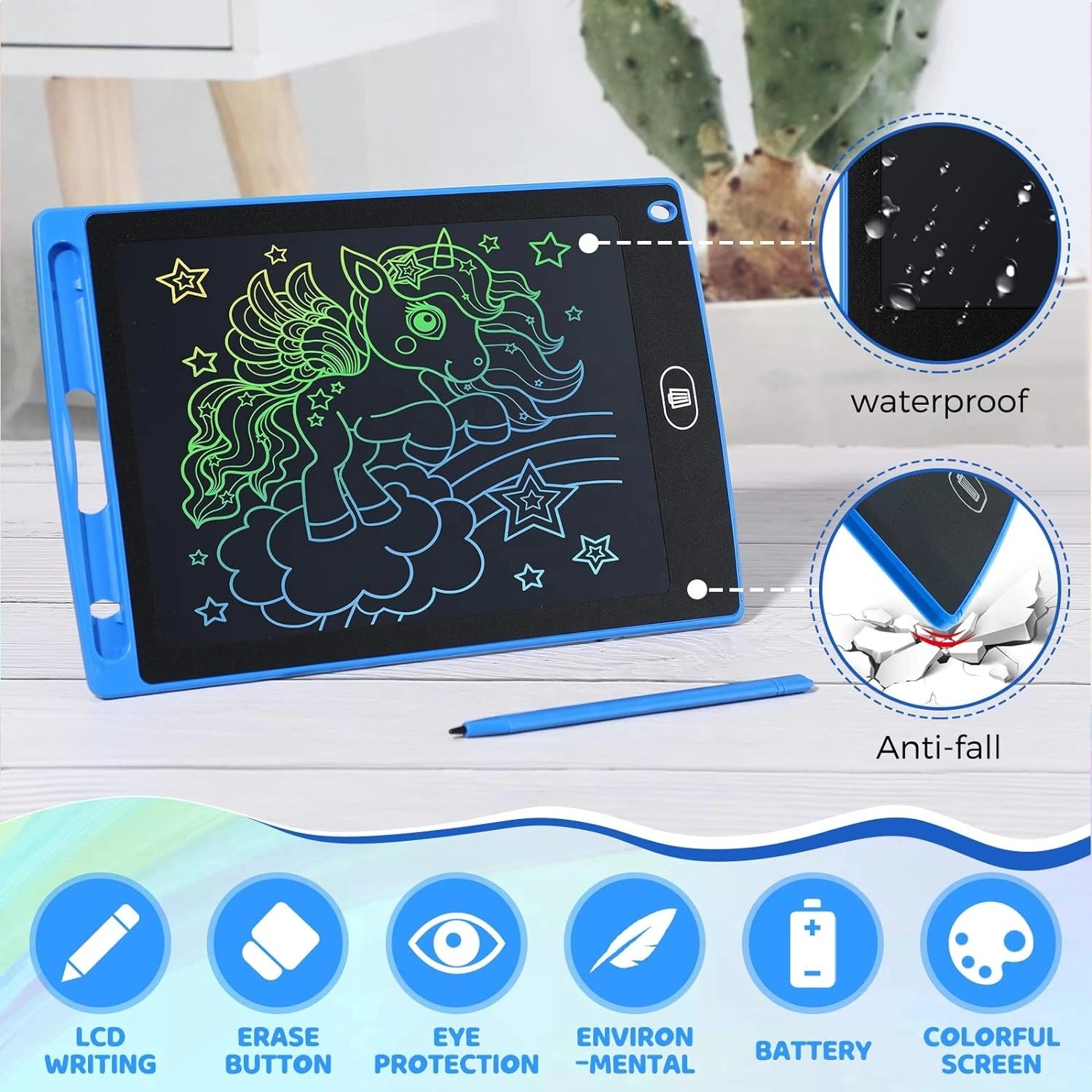 Writing tablet with unicorn drawing, pen, and features highlighted on a white background