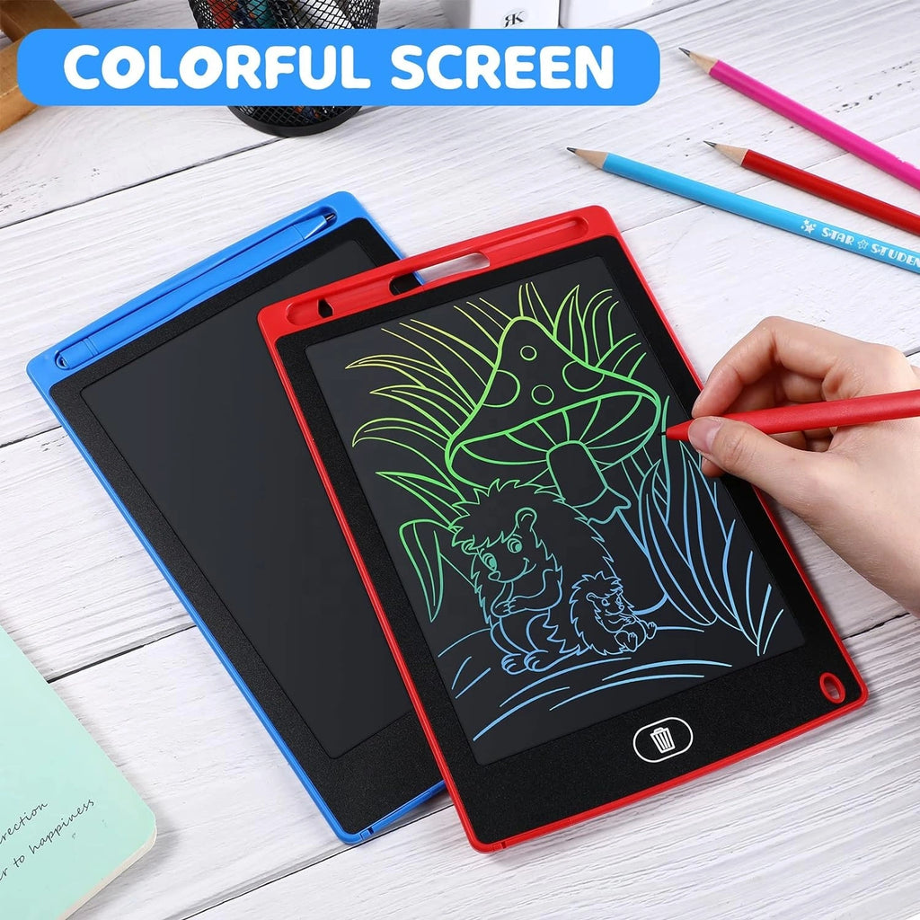 Colorful screen drawing tablet with a hand holding a red pen on a white surface.