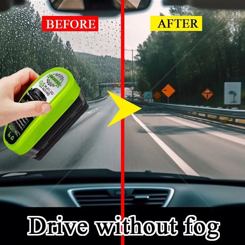 Before and after comparison of a car windshield with a green device used to remove fog, set against a road scene.