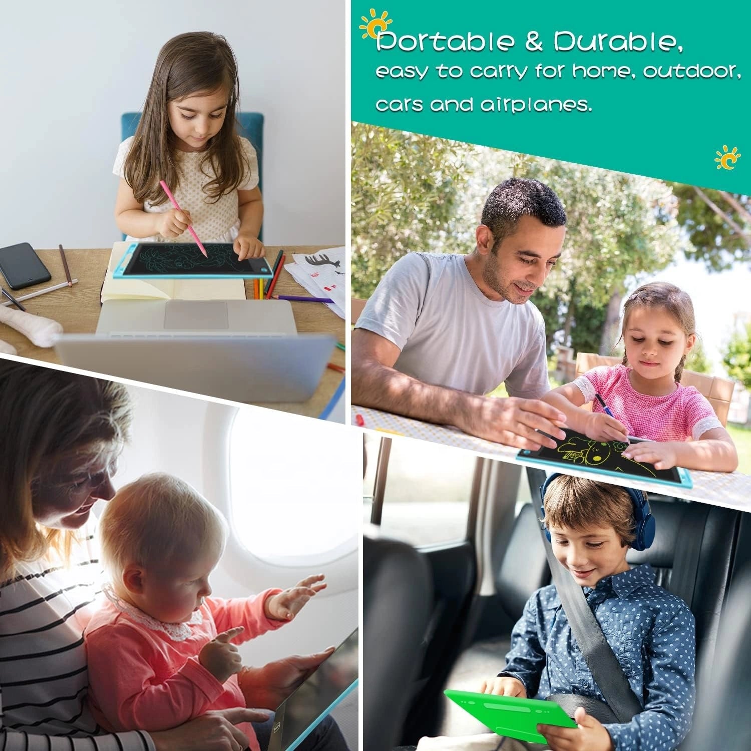 Collage of people using a portable tablet device with promotional text about its portability and durability.
