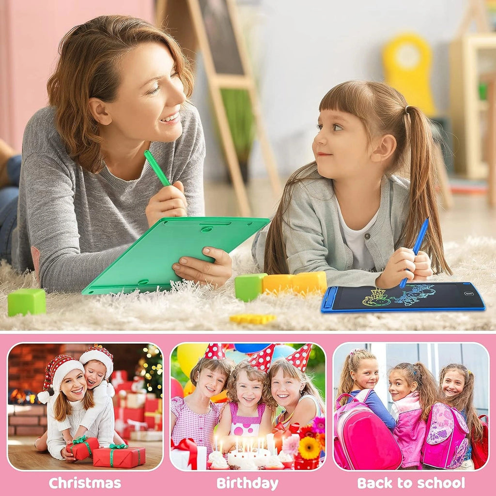 Woman and child using drawing boards with colorful pens, surrounded by festive images.