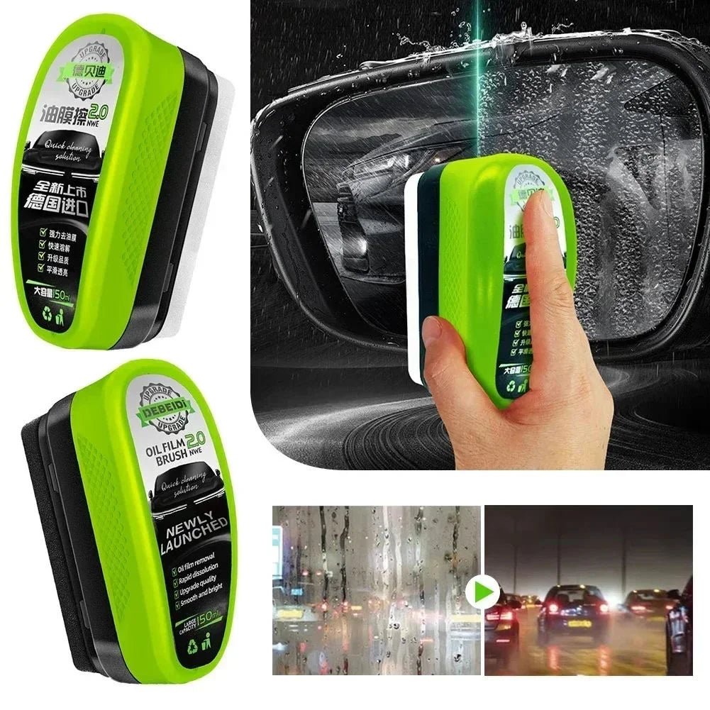 Green car cleaning tool with close-up of use on a car mirror and road scene.