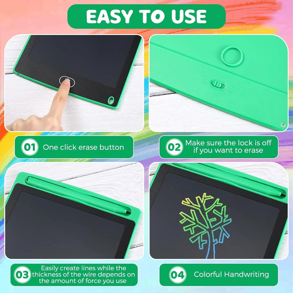 Green electronic writing board with instructions on use on a colorful background