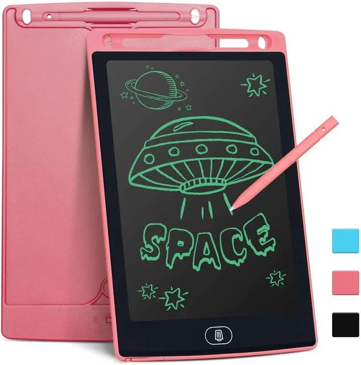 Pink LCD drawing tablet with a space-themed drawing on the screen