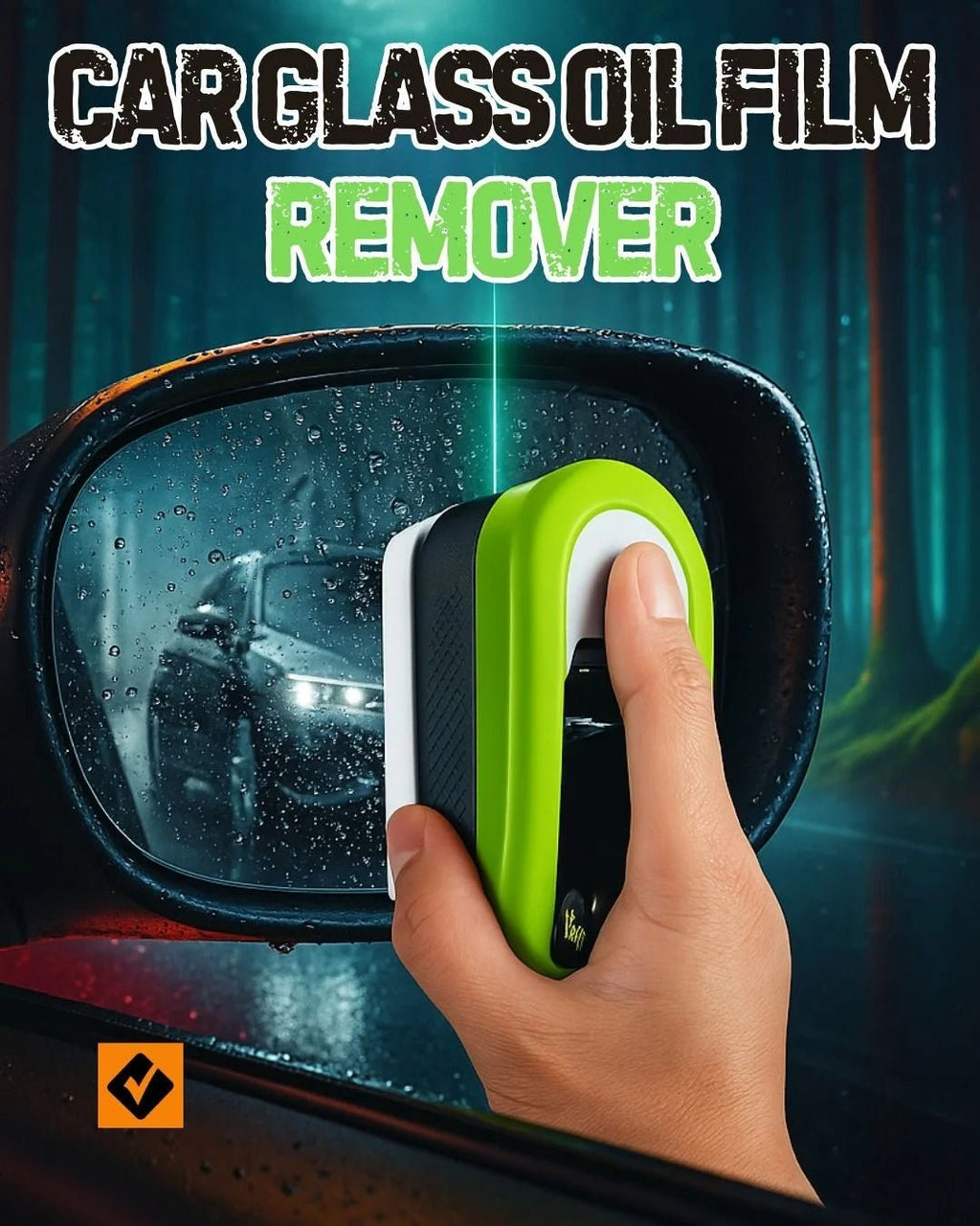 Car glass oil film remover with a hand holding it against a car mirror.