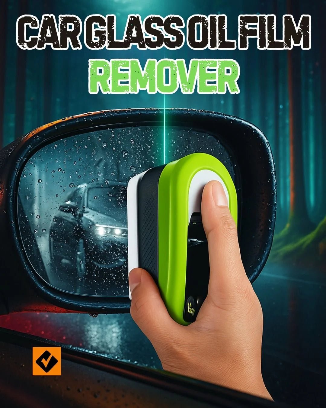 Car glass oil film remover with a hand holding it against a car mirror.