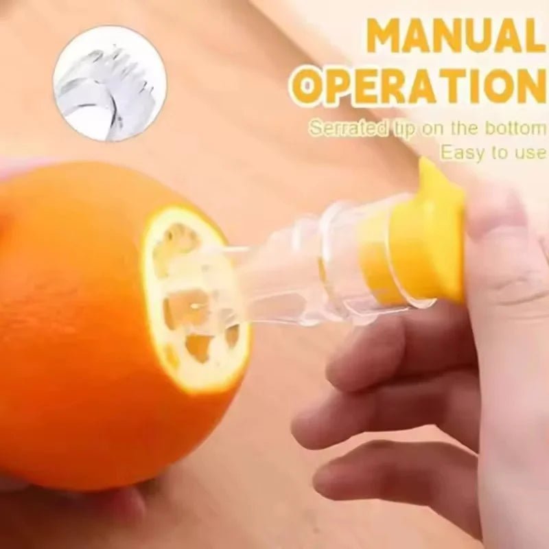 Manual tool being used on an orange with text indicating 'Manual Operation' and 'Serrated tip on the bottom'.