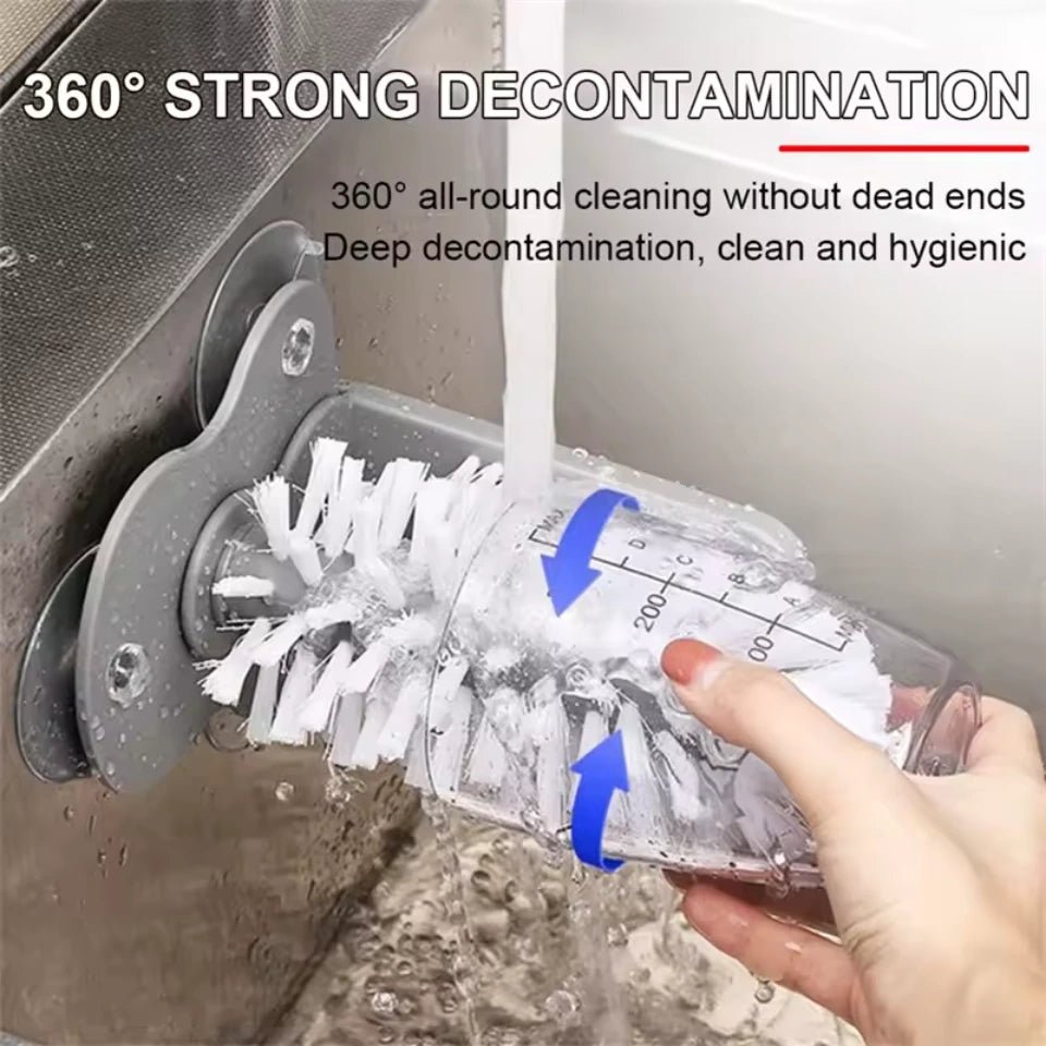Cleaning tool with brush being used to scrub a container under running water, emphasizing 360-degree cleaning.