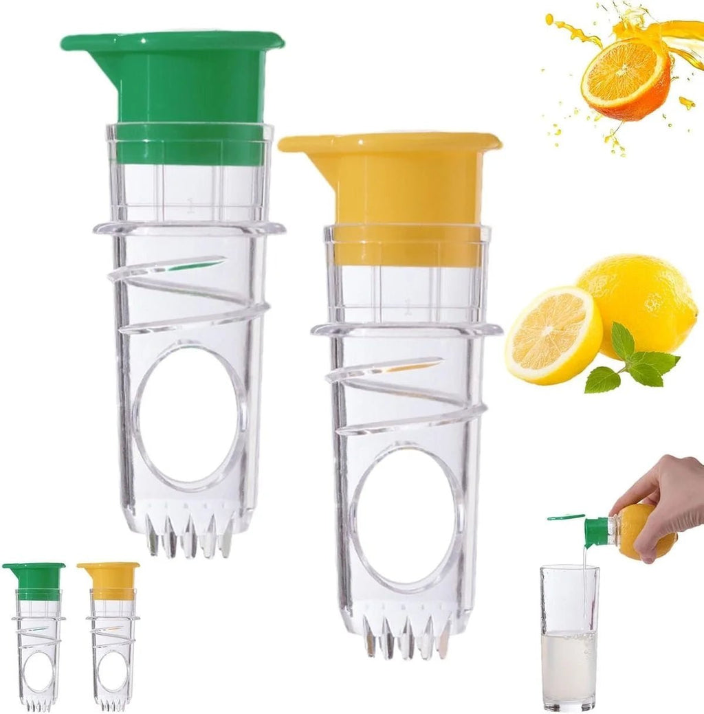 Two lemon squeezer tools with green and yellow tops on a white background, surrounded by lemons and a glass of juice.