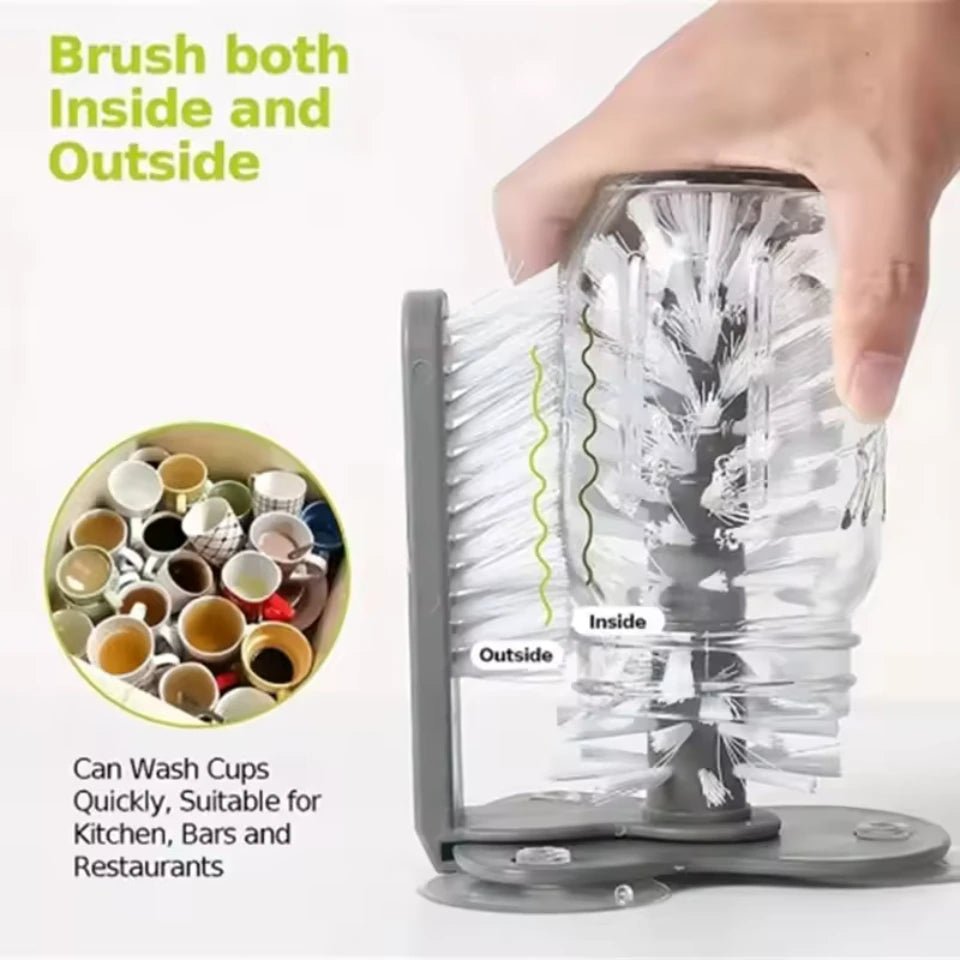 Clear brush with text indicating it can be used inside and outside, suitable for cleaning cups.