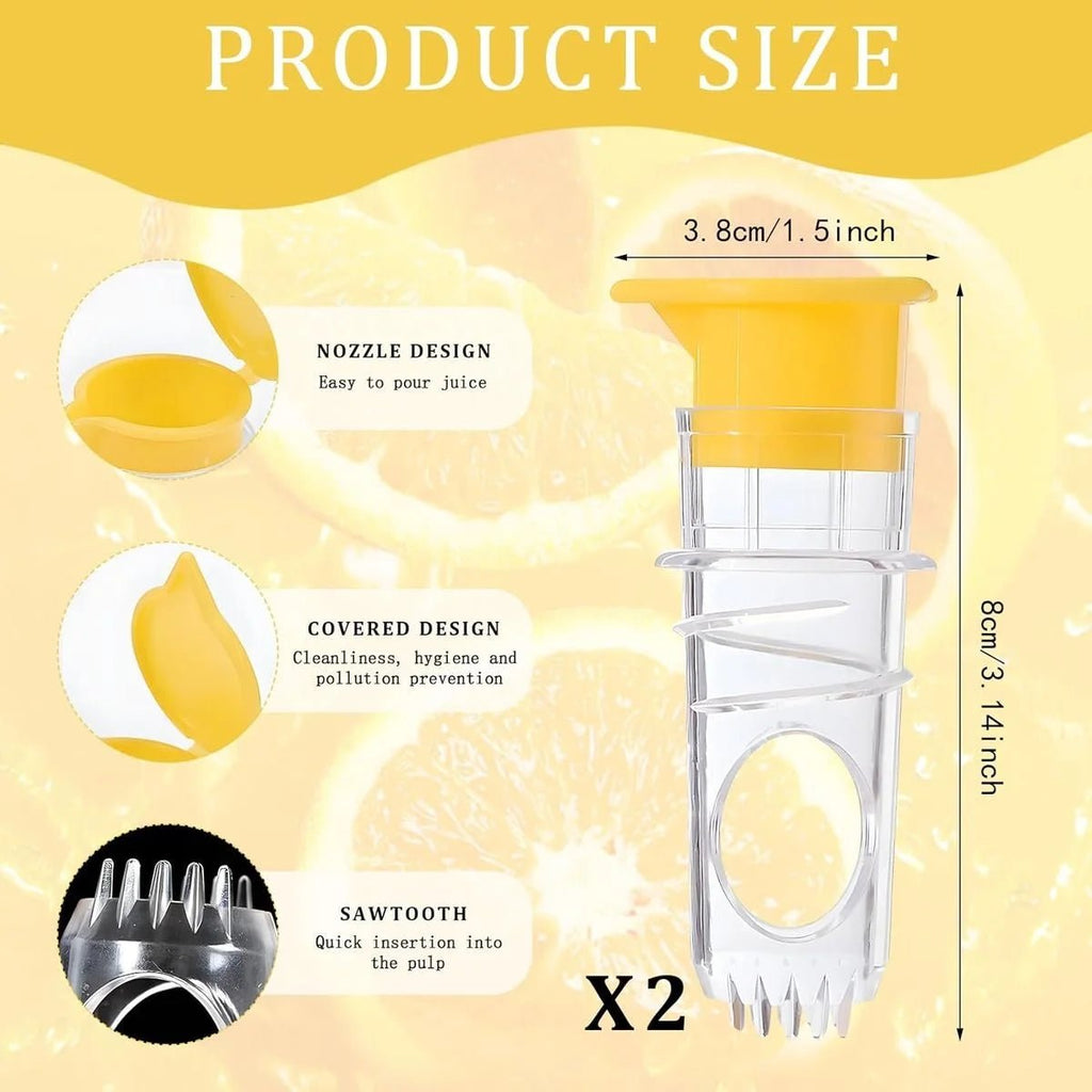 Product size chart with lemon juicer design and measurements on a yellow background
