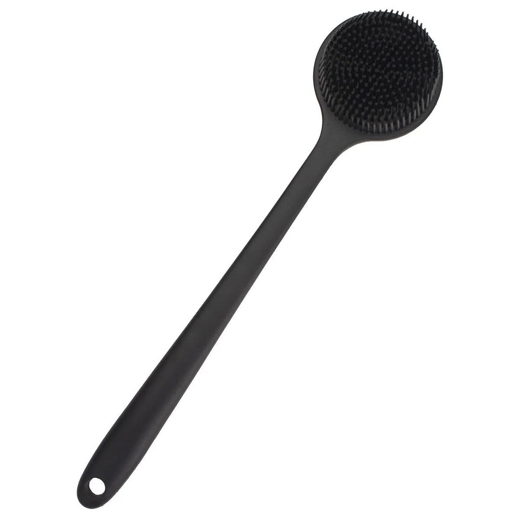 Black silicone back scrubber on a white background