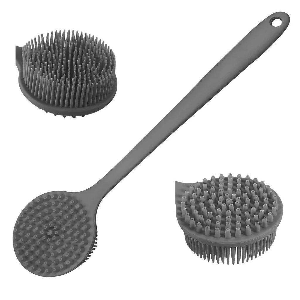 Set of three gray silicone scrub brushes with different shapes on a white background