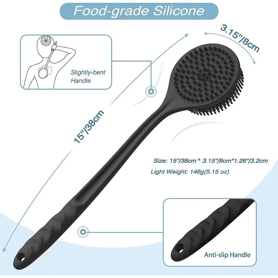 Black silicone back scrubber with measurements and features on a white background