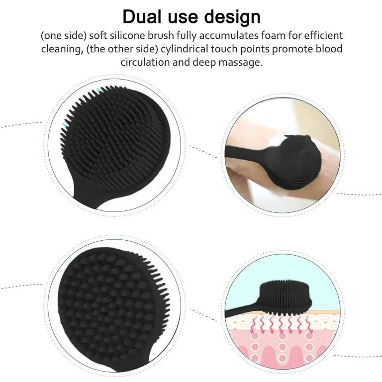 Black silicone brush with dual use design for cleaning and massage, shown in various angles.