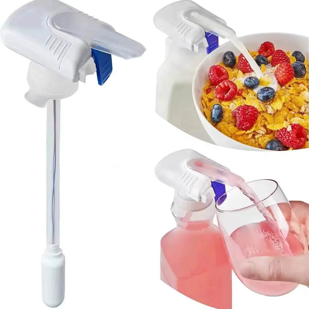 Automatic Beverage Dispenser being used to pour milk into a bowl of cereal and a glass.