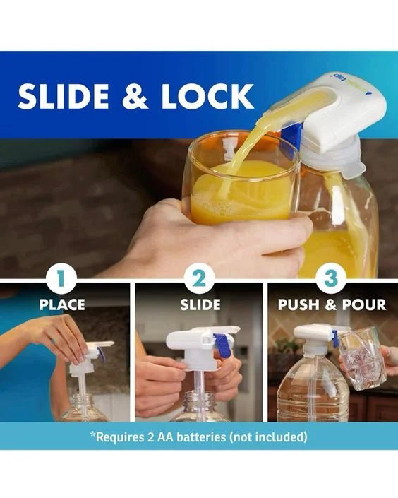 Product demonstration of a spray bottle being used to pour liquid into a glass, with text 'Slide & Lock' and steps displayed.
