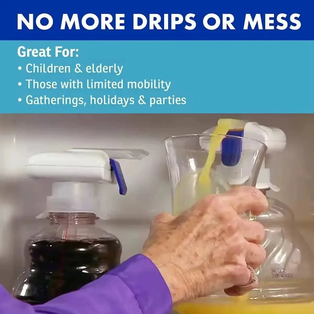 Automatic Beverage Dispenser with a hand holding it, labeled 'No More Drips or Mess' for various users.